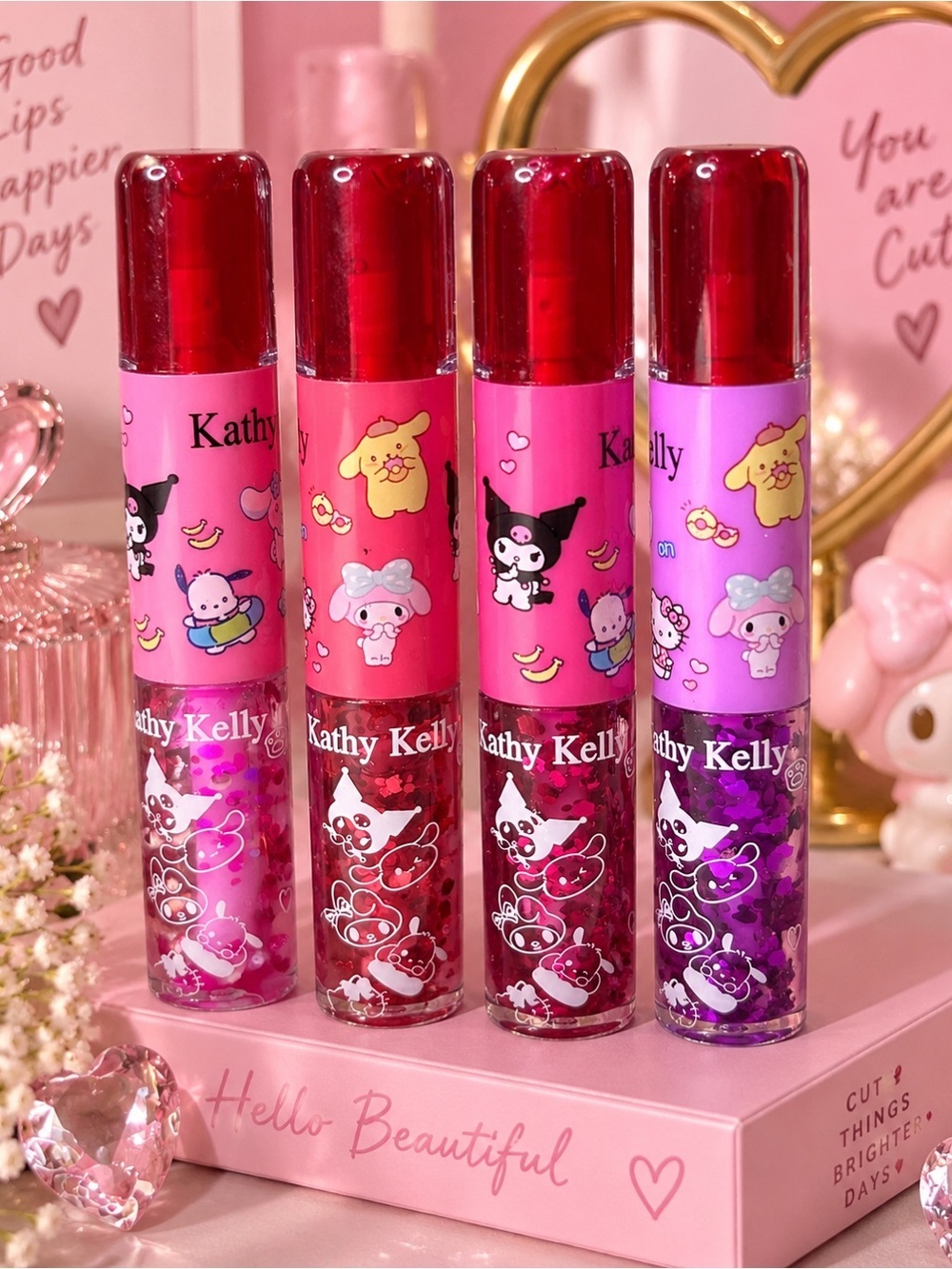 Lip tint and lip gloss. One of each side. Set of 4